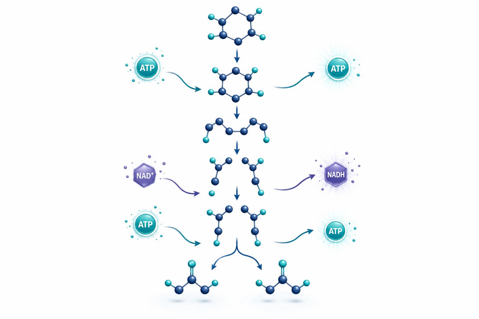 Diagram of glycolysis showing glucose being split into two pyruvate molecules while producing ATP and NADH