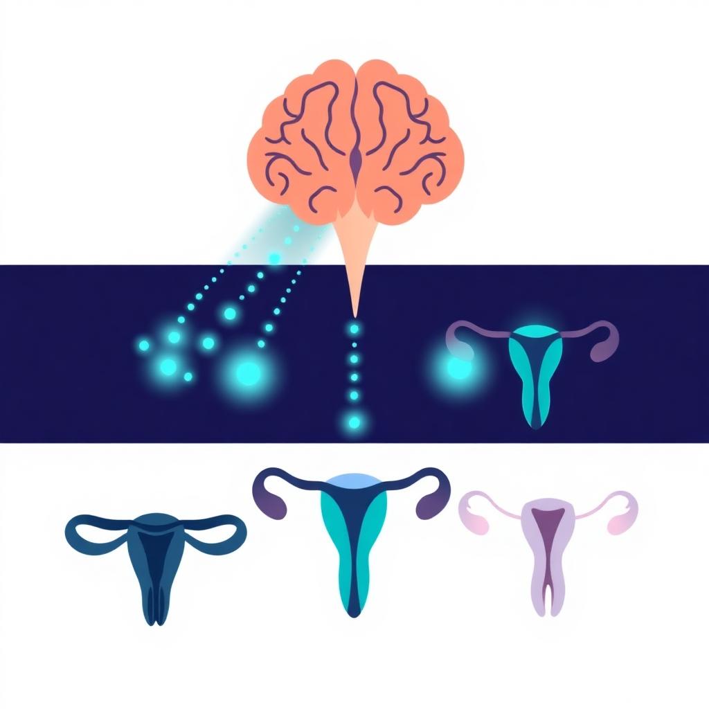 The HPG axis: the hypothalamus releases kisspeptin-triggered GnRH signals down to the pituitary, which relays LH and FSH to the reproductive organs.