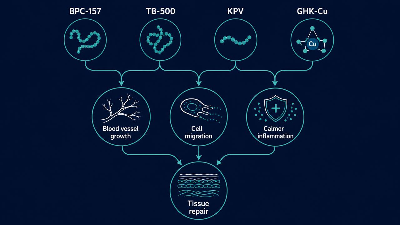 Diagram showing BPC-157, TB-500, KPV and GHK-Cu feeding into blood vessel growth, cell migration and reduced inflammation, leading to tissue repair