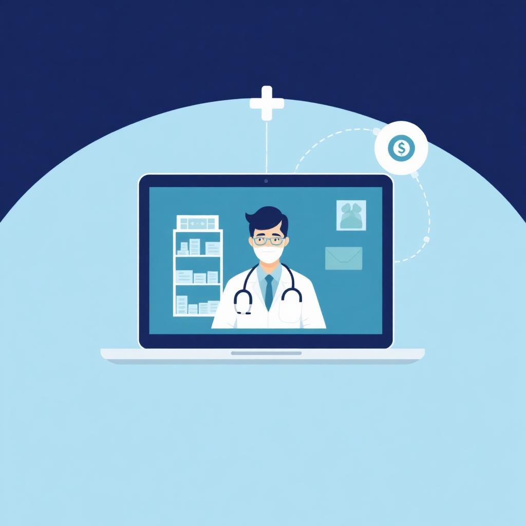 Illustration of a video consultation connecting a patient to a physician, pharmacy, and discreet home delivery.
