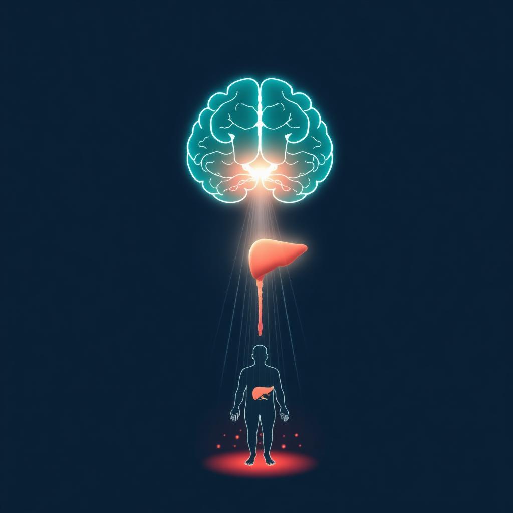 Illustration of the pituitary gland in the brain sending signals down to the liver and body, representing the GHRH growth-hormone cascade